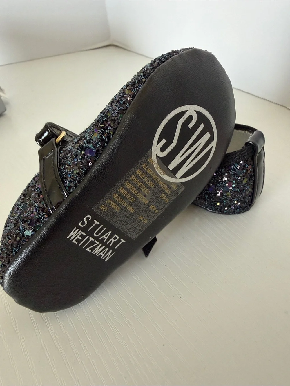 Stuart Weitzman Baby Dancer NEW! Black Sparkle Mary Jane with Gold Accent size 3